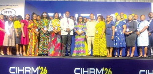 Florence Hutchful (middle), President, CIHRM, with Dr Francis Eduku (right), CEO, CIHRM;  Dr Edward Kwapong (left), immediate past  President, CIHRM; council members, and some sponsors of the conference