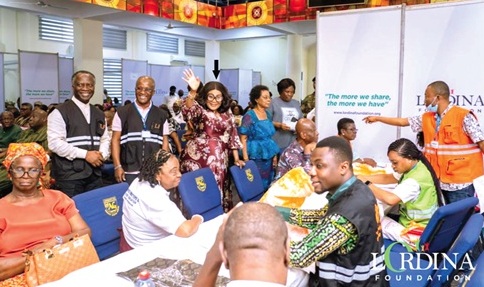 Lordina Mahama (arrowed), the First Lady, exchanging pleasantries with some members of the Retired Ministers and Spouses Association of the Assemblies of God Church at the screening