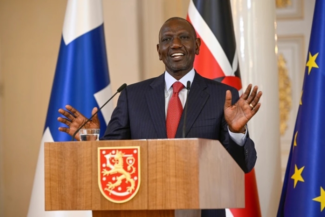Kenya’s President William Ruto speaks during a joint news conference with Finland’s President Alexander Stubb in the Hall of Mirrors of the Presidential Palace in Helsinki, Finland, Wednesday, June 10, 2026. (Antti Aimo-Koivisto/Lehtikuva via AP)