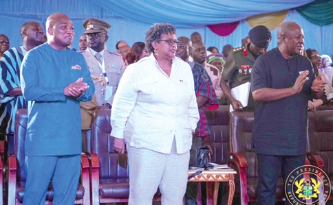 President John Dramani Mahama (right), Mia Amor Mottley (middle), Prime Minister of Barbados, and Samuel Okudzeto Ablakwa (left), Minister of Foreign Affairs, at the observance of the Juneteenth anniversary