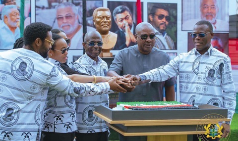President John Dramani Mahama (2nd from left) with Fifi Fiavi Kwetey (3rd from left), General Secretary of the NDC; Johnson Asiedu Nketiah (3rd from right), National Chairman of the NDC; Dr Zanetor Agyeman-Rawlings (left), MP for Korle Klottey and daughter of the late President, among others after the unveiling of the bust of the late President