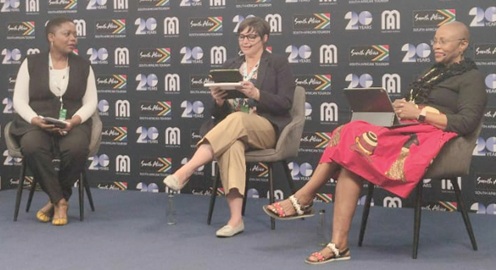 Lindiwe Rakharebe (right), Chief Executive Officer of the Durban International Convention Centre, speaking at the panel session on the sidelines of the Meetings Africa in Johannesburg, South Africa
