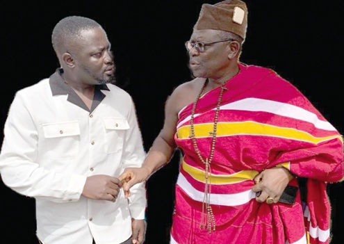 Solomon Kusi-Brako (left), the MCE, briefing the Omanhene, Oseadeeyo Dr Frimpong Manso IV, on the developments at the market