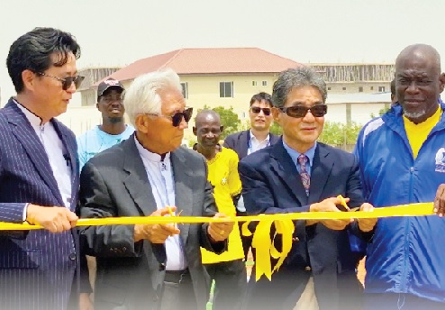 Coach Lim Hung-se (2nd from right) joins Rev. David Choi (left), Rev. John Choi and Capt Andy Sam (retd) to symbolically cut the sod for the construction of facilities for WAMFA