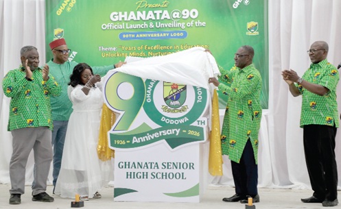 Roosevelt Otoo (2nd from right), Board Chairman, Ghanata SHS, being assisted by Constance Amofa (2nd from left), Headmistress, to unveil the 90th anniversary logo while some dignitaries look on. Picture: ELVIS NII NOI DOWUONA 