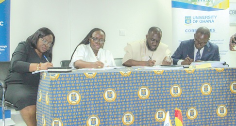 Prof. Nana Aba Appiah Amfo (2nd from left), Vice-Chancellor, UG, Legon, and Razak Awudulai (2nd from right), CEO, Prime Premier Haven Limited, signing the document. With them are Bennett Akantoa (right), Deputy CEO, GIIF, and Emilia Agyei Mensah (left), Registrar, UG, Legon. Picture: ERNEST KODZI