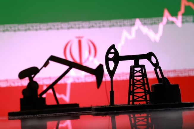 3D-printed oil pump jacks, Iranian flag, and a rising stock graph appear in this illustration taken March 2, 2026. REUTERS/Dado Ruvic/Illustration