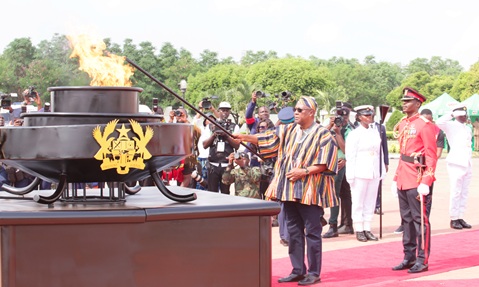 President John Dramani Mahama, lighting the Perpetual Flame, a symbolic link to the enduring spirit of the nation's founders