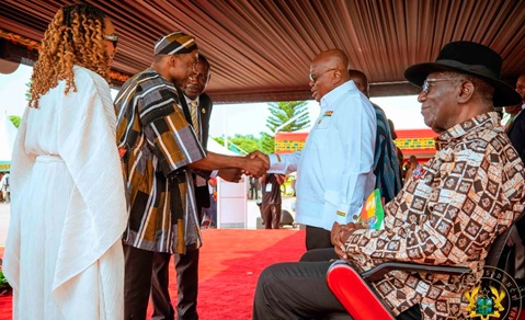 Terrance Michael Drew (2nd from left), Prime Minister of Saint Kitts and Nevis, exchanging pleasantries with former President Nana Akufo-Addo (2nd from right), during the ceremony while former President John Agyekum Kufuor (right), interacts with Diani Prince-Drew (left), wife of Terrance Michael Drew