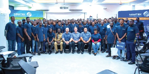 Seated: Willam Asante Agyei (2nd from left), CEO, Fensis Limited, Dewald Van Der Poel (3rd from left), export sales representative NEMTEK and others after the event.