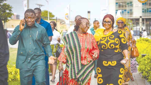 Abla Dzifa Gomashie (middle), Minister for Tourism, Culture and Creative Arts, flanked by Yussif Issaka Jajah (left), Deputy Minister of Tourism, Culture, and Creative Arts and Maame Efua Houadjeto, CEO of GTA, at the launch of the 2026 Heritage Month
