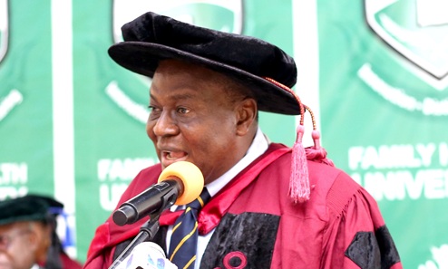 The matriculants being administered the matriculation oath. INSET: Professor Enyonam Yao Kwawukume, Founder and Vicechancellor, Family Health University giving the welcome address at the matriculation ceremony. Picture: BENEDICT OBUOBIPicture: BENEDICT OBUOBI