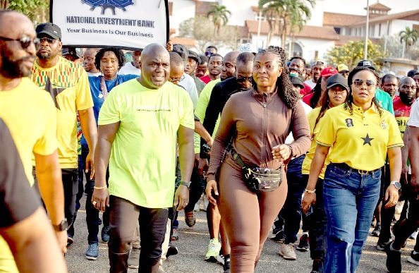 Chief of Staff Julius Debrah (2nd left) with his wife and Betty Krosbi Mensah, National Coordinator of National Wellness Programme (right) during the 2026 Independence Day Run/Walk in Accra