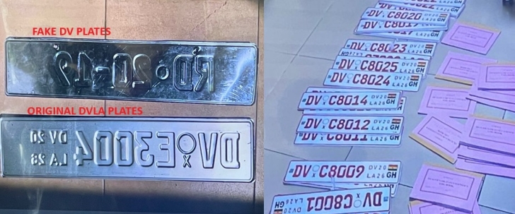 Left shows the difference between a genuine DV plate and a fake one displayed by the DVLA, while the right shows some of the counterfeit plates seized, including sample numbers 