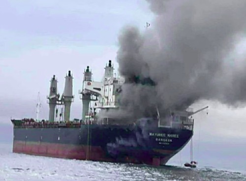 A Thai‑flagged vessel struck by Iranian missiles in Strait of Hormuz on Wednesday Photograph: Royal Thai Navy/EPA