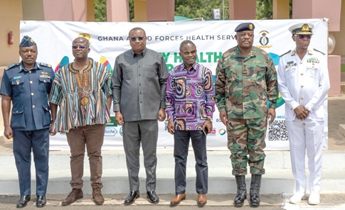 Ernest Brogya Genfi (3rd from left), Deputy Minister of Defence; Kwabena Mintah Akandoh (3rd from right), Minister of Health; Lieutenant-General William Agyapong (2nd from right), Chief of the Defence Staff; Air Vice Marshal Eric Agyen-Frempong (left), Chief of Air Staff, GAF, and Rear Admiral Godwin Livinus Bessing (right), Chief of Naval Staff