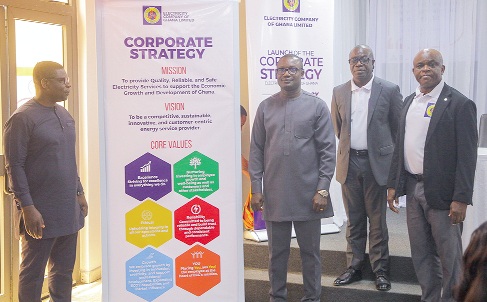 Dr John Abdulai Jinapor (2nd from left), Minister of Energy &amp; Green Transition, launching the Electricity Company of Ghana (ECG) Corporate Strategy (2025 – 2026) with Richard Gyan-Mensah (left), Deputy Minister of Energy and Green Transition; Julius Kpekpena (2nd from right), Managing Director of ECG, and Dr William Amuna (right), Board Chairman of ECG, during the event. Picture: CALEB VANDERPUYE