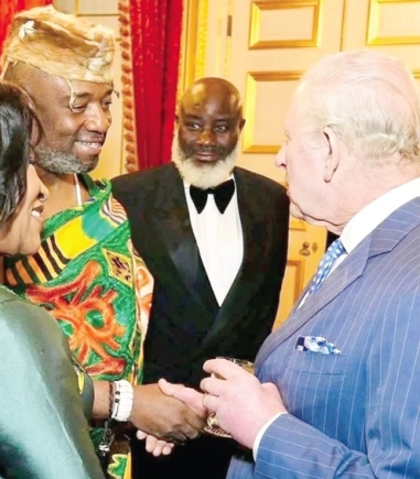 King Tackie Teiko Tsuru II (2nd from left), the Ga Mantse, in a handshake with King Charles III at the Commonwealth Day celebrations in London. With them include Shirley Ayorkor Botchwey, Secretary-General, Commonwealth of Nations