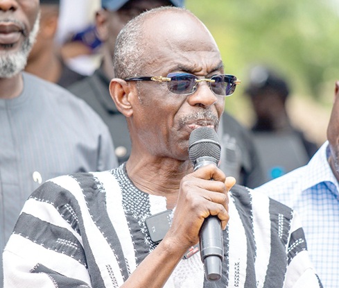 Johnson Asiedu Nketiah (inset) speaking at the event. Also in the picture are Torgbui Avornorkadzi (sitting in state), John Cush Namina (3rd from left), stool father, and other kingmakers