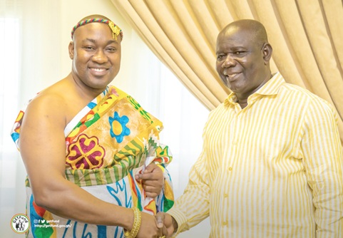 Paul Adjei (right), GETFund Administrator, welcoming Ohempon Dr Yeboah Asiamah to his office