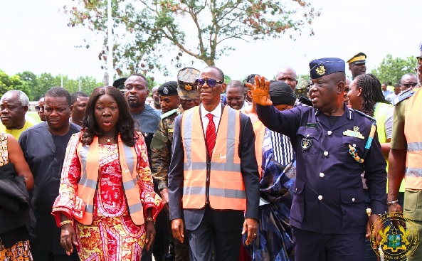 Elizabeth Ofosu-Adjare, Minister of Trade, Agribusiness and Industry, Badanan Patoki, Togo's Minister of Economy and Strategic Watch in Charge of Trade and Quality Control and other dignitaries going to inspect the refurbished facilities  