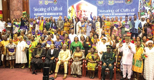 Prof. Naana Jane Opoku-Agyemang (seated 3rd from right), Vice- President, with Muntaka Mohammed-Mubarak (seated 3rd from left), Minister for the Interior, Kofi Okyere Darko (seated left), Director of Diaspora Affairs at the Office of the President, dignitaries and members of the African diaspora community after the conferment of citizenship. Picture: CALEB VANDERPUYE