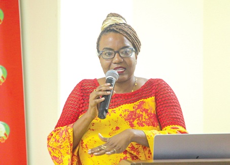 Nana Akua Anyidoho (inset), Associate Professor, ISSER, University of Ghana, addressing participants. Picture: CALEB VANDERPUYE