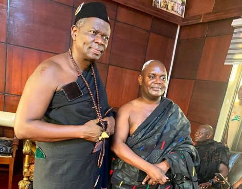 Oseadeeyo Dr Frimpong Manso IV (left), the Omanhene, and Obrempong Dr Kwasi Sasu after the swearing ceremony