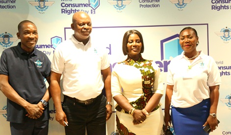 Joseph Bukari Nikpe (2nd from left), Minister of Transport, with Rev Stephen Wilfred Arthur (left), Director General, GCAA;  Dorcas Affo-Toffey (2nd from right), Deputy Minister of Transport, and Patience Bonsu (right), Director, Economic Regulation and Business Development, GCAA, after the launch of the new passenger complaints portal