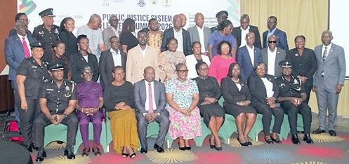 Anita Budu (seated 4th from right), Director, West Africa Programmes, International Justice Mission, with Dr Anastacia Kpel Mawudoku (5th from right), Greater Accra Regional Director, Department of Social Welfare; Andrews Dodzi Adugu (5th from right-behind), Legal practitioner and assistant state Attorney, some security officials and other dignitaries. Picture: ERNEST KODZI 