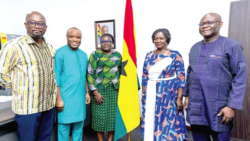 Professor Naana Jane Opoku-Agyemang (2nd from right), Vice-President; Felix Kwakye Ofosu (2nd from left), Minister, Government Communications; Prof. Amin Alhassan (right), Director-General, GBC; Nana Kwasi Boatey Esq (left), MD, Ghana Publishing Company Limited, and Dr Winifred Nasifa Mahama, acting Director, ISD, after the meeting