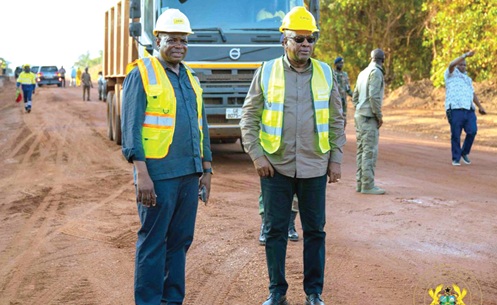 President John Dramani Mahama (right) and Kwame Governs Agbodza, Minister of Roads and Highways, last week inspected the  80km Jinijini–Sampa road under the Big Push programme