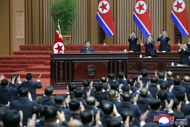 North Korean leader Kim Jong Un attends the second day of the first session of the Supreme People's Assembly in Pyongyang, North Korea, March 23, 2026, in this picture released by North Korea's official Korean Central News Agency. KCNA via REUTERS