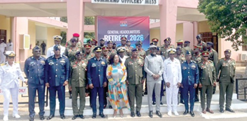 COP Osman Abdul Razak (5th from right), National Security Coordinator, with Lieutenant General William Agyapong (arrowed), CDS, and leadership of the Ghana Armed Forces and other officials  from the National Security Council