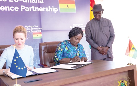 Prof. Naana Jane Opoku-Agyemang (right), Vice-President; Kaja Kallas, High Representative and Vice-President, European Union Commission, signing the security and defence partnership agreement