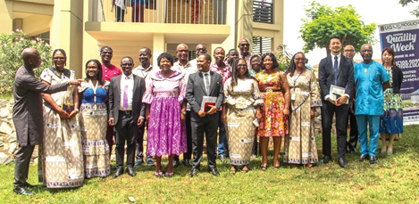 Yaw Nsarkoh (left), Independent Strategic Advisor and Former Executive Vice President, Unilever Global Markets, interacting with Prof. Alfred Yawson (6th from left), Provost, College of Health Sciences. Looking on are Prof. Dorothy Yeboah Manu (5th from right), Director, NMIMR, Prof. Francis Hasford (4th from left), Deputy Director General, GAEC, other dignitaries and officials of Noguchi Memorial Institute for Medical Research. Picture: ERNEST KODZI