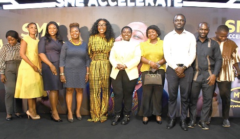 Angela Mensah-Poku, the Chief Enterprise Officer of MTN Ghana and some SME partners at the SME Accelerate launch