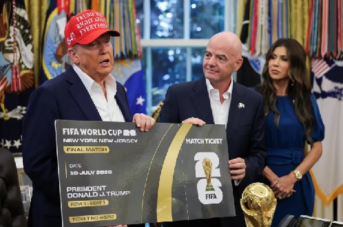 FIFA chief Gianni Infantino presents a 2026 FIFA World Cup final match ticket to US President Donald Trump in August 22, 2025