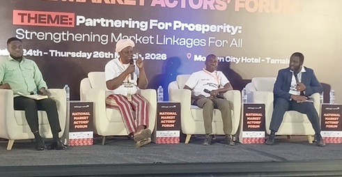 Gilberta Akuka (2nd from left), Leader of Women in Agriculture Platform, speaking in a panel section. With her are Dr Evans Brako Ntiamoah (left), Policy Analyst at Chamber of Agribusiness, and Obed Asunka (2nd from right), Programmes Manager of Presby Agriculture Services