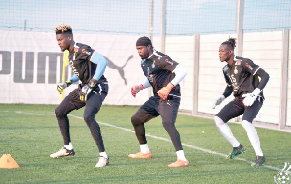 From left: Goalkeepers Joseph Anang, Lawrence Ati-Zigi and Benjamin Asare taking part in the opening training session last Monday
