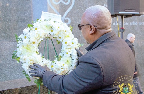 President John Dramani Mahama laying a wreath at the African Burial Ground National Monument in Lower Manhattan, New York