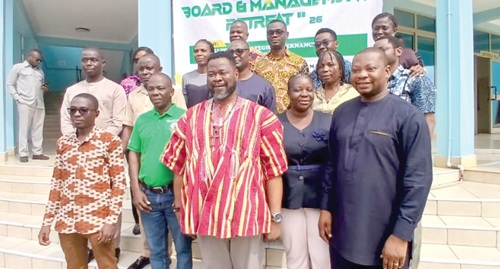 Henry Rockfeller Nimbabuorah (middle), Board Chairman of the Centre for Plant Medicine Research; Professor Alex Asase (2nd from left), Executive Director of the Centre, with other members of the board, management and other participants in the retreat