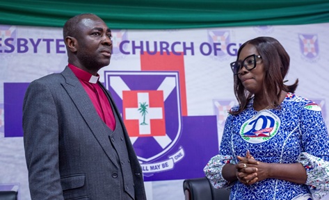 Rev David Aboagye Danquah,Clerk of General Assembly of the Persbyterian Church od Ghana, with Rebeca Teiko Sabah, Director, Development Social Service, after the first session