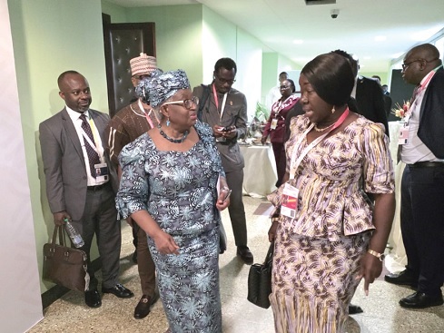 Elizabeth Ofosu Agyare (right), Minister of Trade and Agribusiness, in a chat with Dr Ngozi Okonjo-Iweala, WTO Director-General