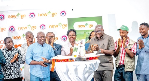 William Akonnor Kotey (3rd from left), Board Chair, Newage Group; Daniel Fahene Acquaye (3rd from right), Board Chair, CRI, and some dignitaries applauding after launching a new hybrid maize seed in Kumasi. Those with them include Prof. Maxwell Asante (4th from left), Director, CRI. Picture: EMMANUEL BAAH