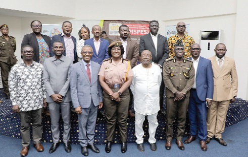 Patience Baffoe-Bonnie (4th from left), Director-General of Prisons, with Alexander Nana Yaw Kumi-Larbi (3rd from left), Chairman, Prisons Service Council, Francis Omane-Addo (3rd from right), Deputy Director-General, Ghana Prisons Service, and some dignitaries after the launch of the Ghana Prisons Service Medicine and Equipment Bank. Picture: ELVIS NII NOI DOWUONA 