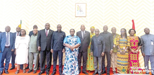 Ambassador Khadijah Iddrisu (6th from right), Chief Director of the Ministry of Foreign Affairs, and Ambassador Albert Ranganai Chimbindi (7th from left), Zimbabwe’s Permanent Secretary for Foreign Affairs and International Trade, with other dignitaries from both countries 