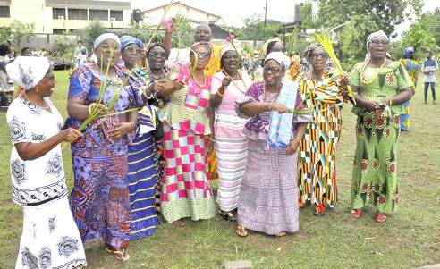 Some elderly members of the congregation celebrating Palm Sunday on the premises of the Dela Congregation of the Evangelical Presbyterian Church, Ho