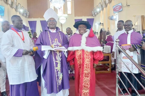 Rt Rev. Felix Odei Annancy (2nd from left), Bishop of the Koforidua Diocese of the Anglican Church, making a statement to officially declare former President Nana Addo Dankwa Akufo-Addo as Lay Canon of the St Peter’s Cathedral in Koforidua.