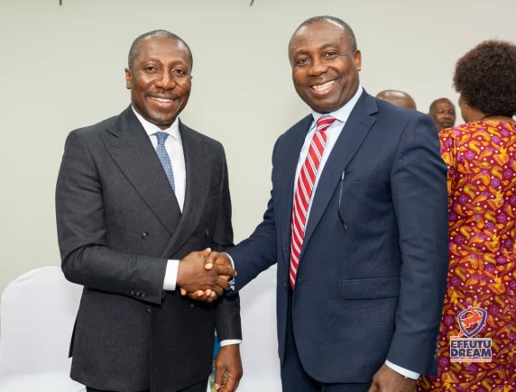 Mr Afenyo-Markin (left), Minority Leader,  exchanging greeting with Nana Dr Afriyie, President of GEA, after the meeting